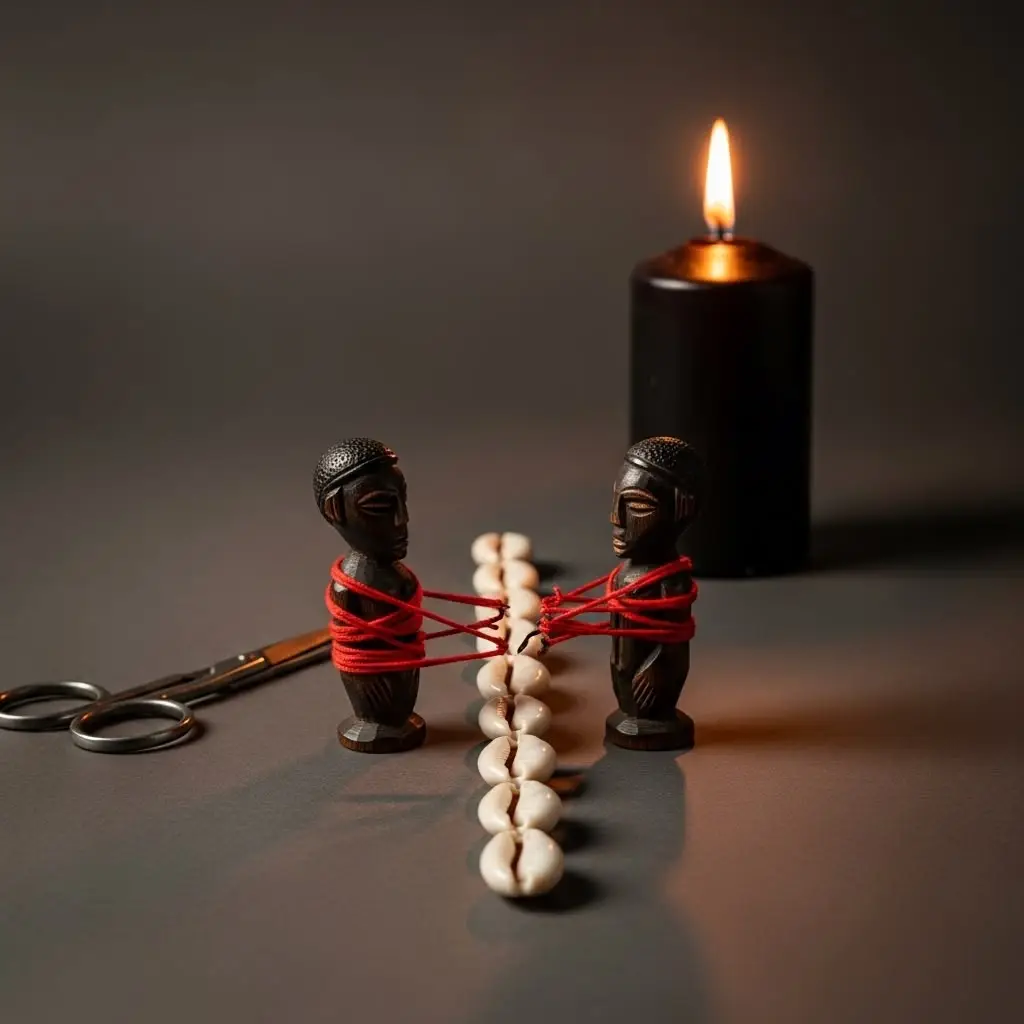 Two carved figures tied together with red thread beside cowrie shells and a lit black candle